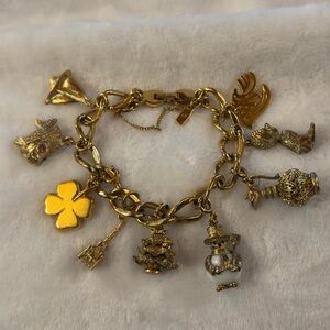 Vintage Gold Tone Monet Charm Bracelet Fish Christmas Snowman Sailboat Clover